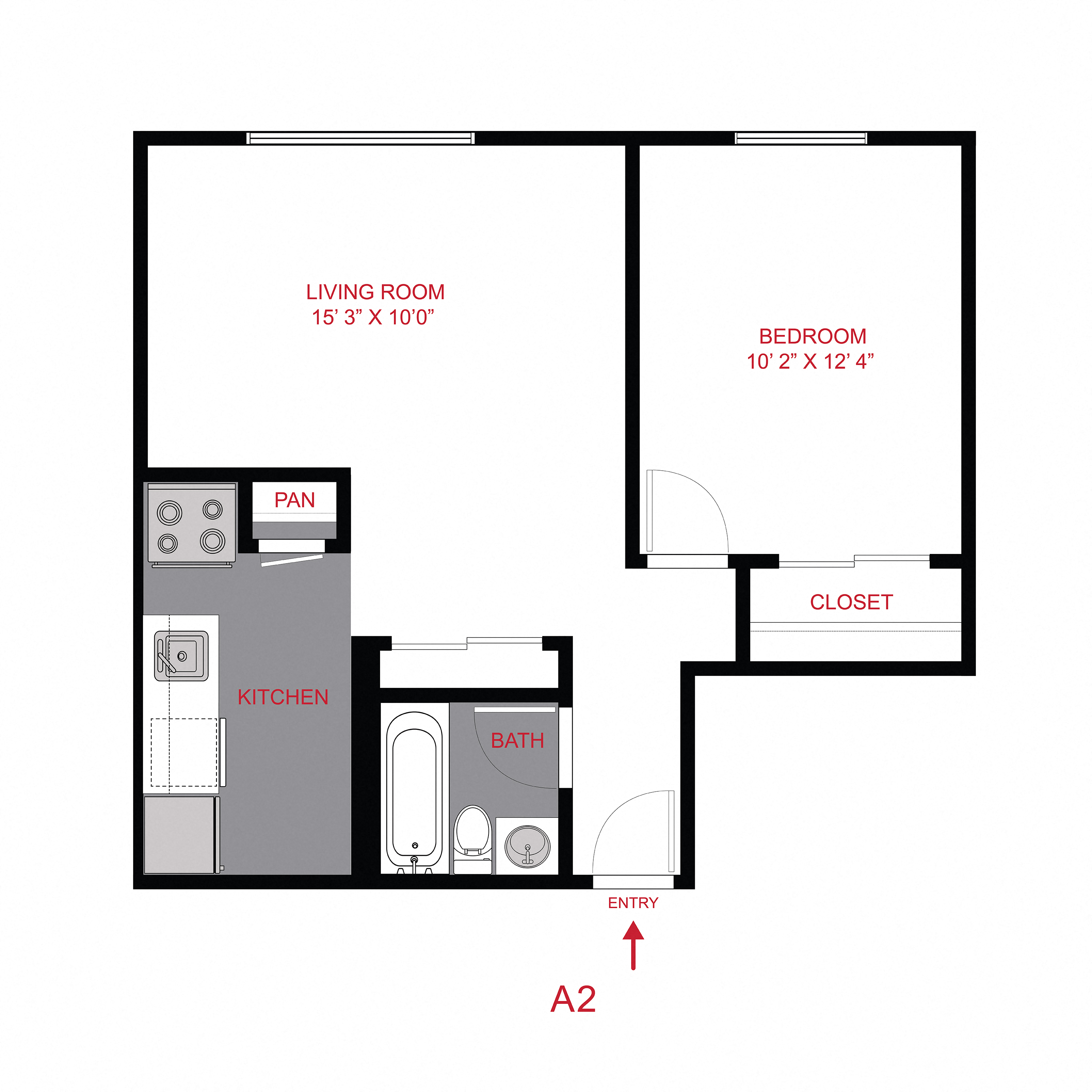 Floor plan for 1 bed, 1 bath, 487 sqft